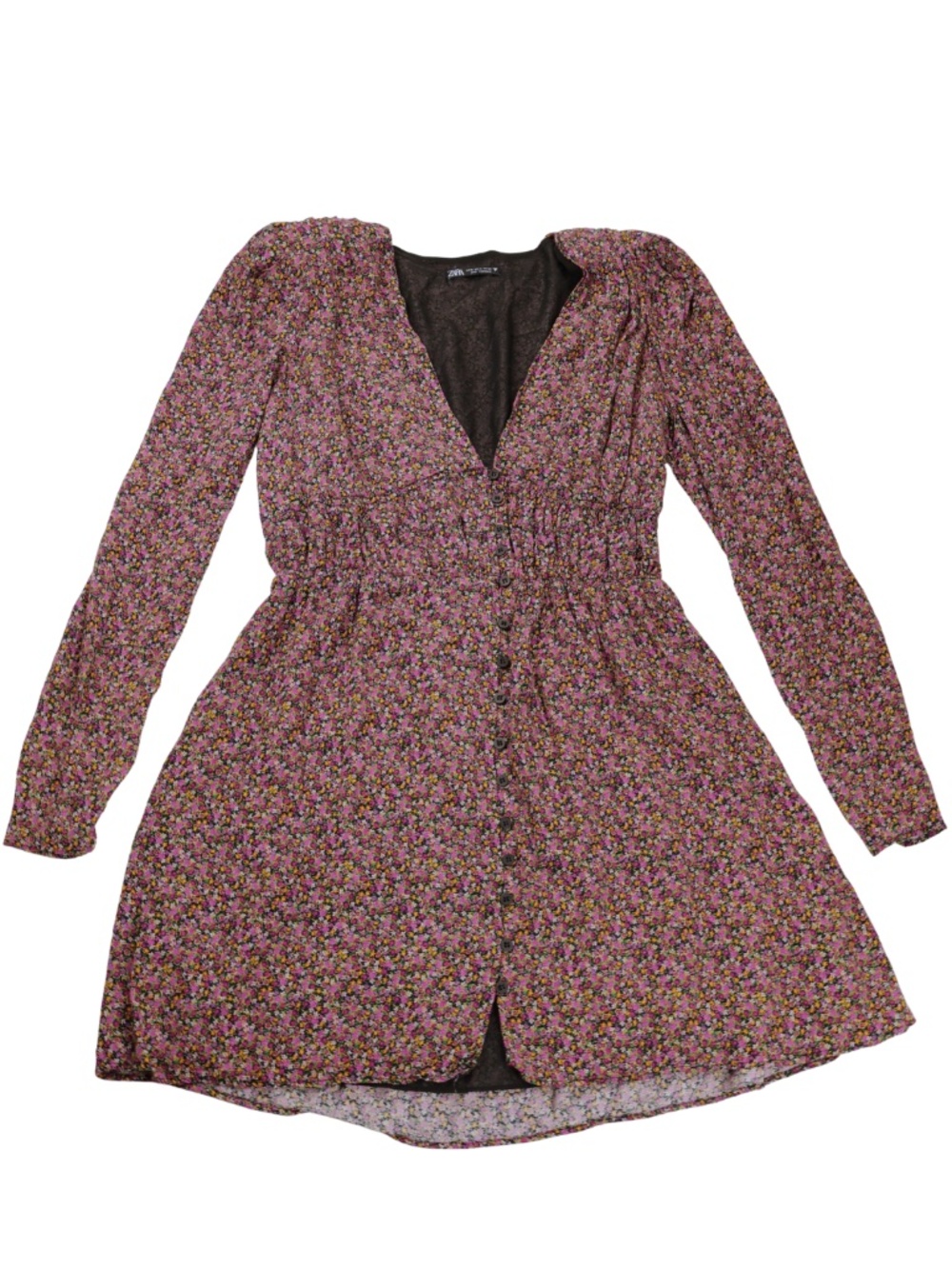 Zara Basics Floral Mini Dress Medium Pink Purple Button Front Long Sleeve